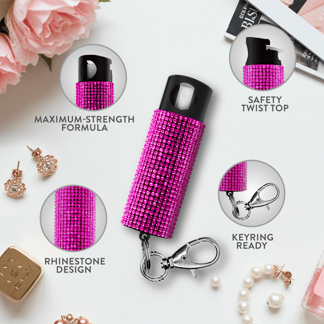 Pepper Spray Keychain with Safety Twist Top Glow-in-Dark, 16 ft Range, Rhinestone Design, Self Defense by Guard Dog Security, 5 pack Multi Color