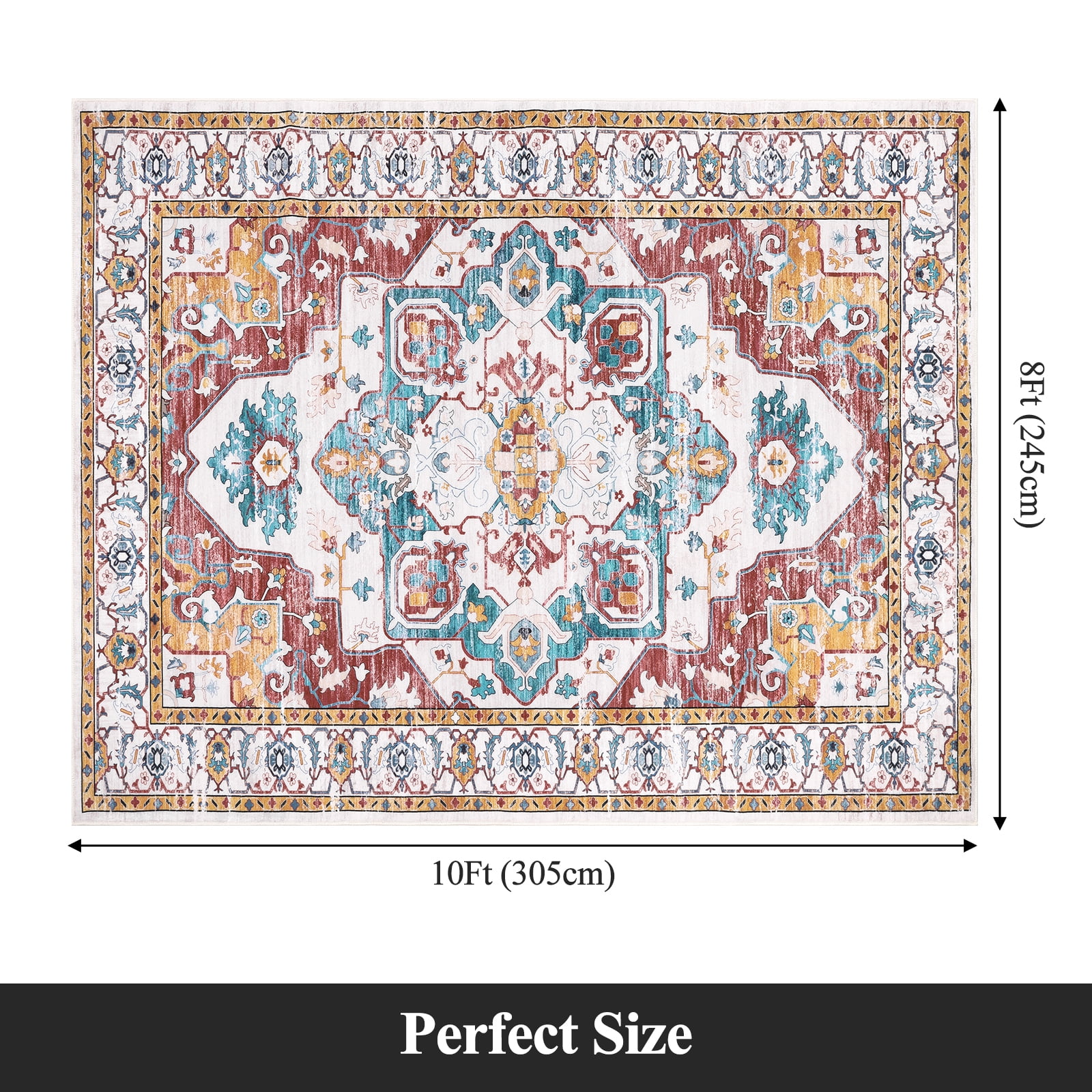 Ileading 8'x10' Boho Area Rug for Living Room, Non Slip Machine Washable Rugs Vintage Floor Carpet for Bedroom Dinning Room Kitchen, Red