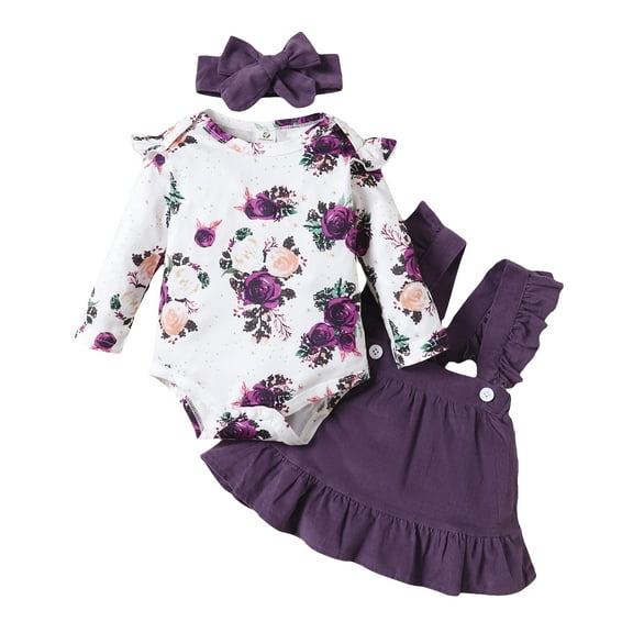 Kucnuzk Newborn Baby Girls Winter Clothes Sets 0-3 Months Skirt Set Outfits Ruffle Long Sleeves Romper Floral Top Suspender Skirts with Headband 3pcs Clothing Purple