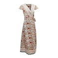 thumbnail image 7 of Wycnly Dresses for Women Beach Vintage Bohemian High Split Flowy Swing Long Sundress for Vacation Short Sleeve V-Neck Floral Print Summer Maxi Formal Dress Beige XXL, 7 of 7