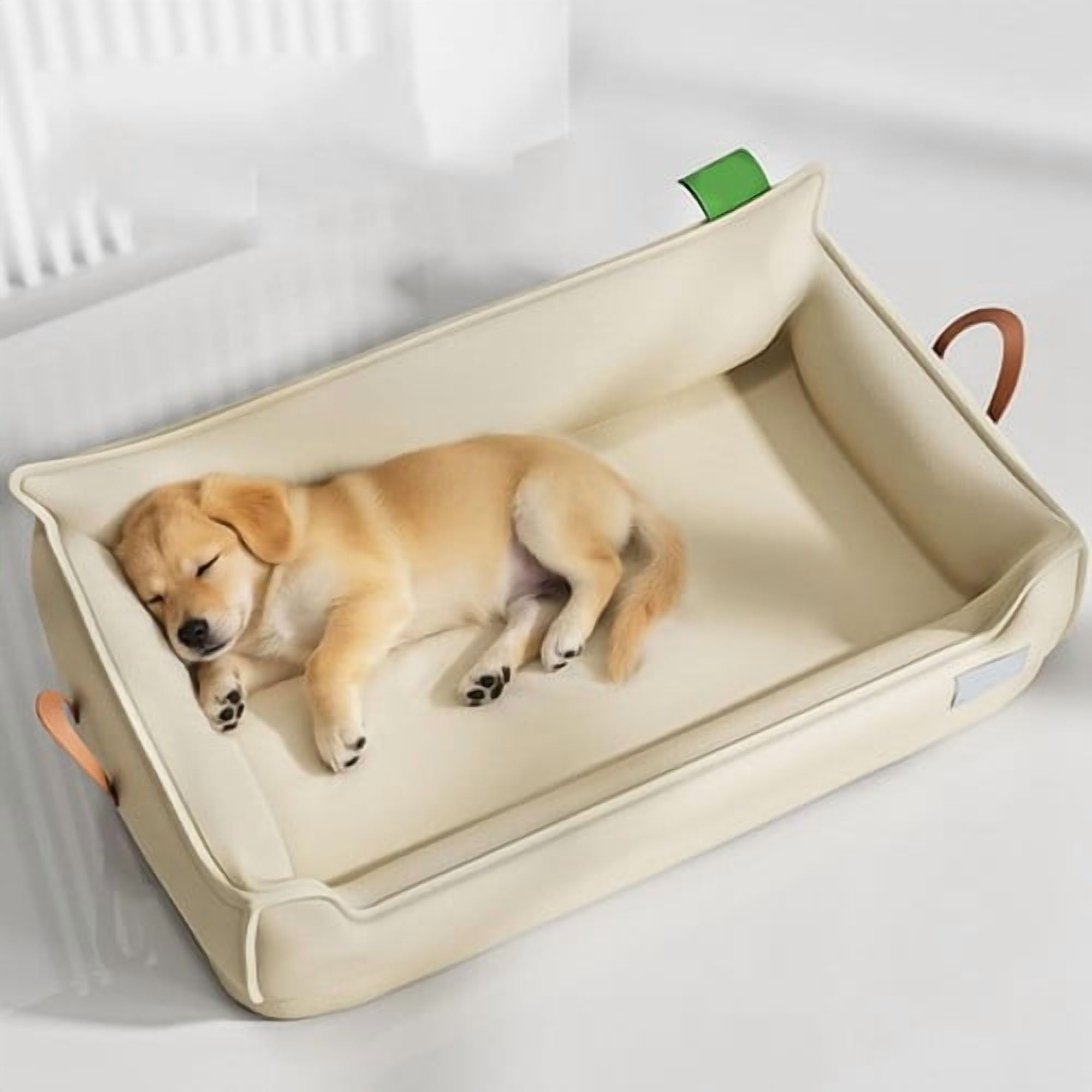 ShadeMart Beige Leather Dog Bed Sofa, Small Orthopedic Pet Couch with U-Shaped Bolster, Removable Waterproof Cover & Non-Slip Bottom