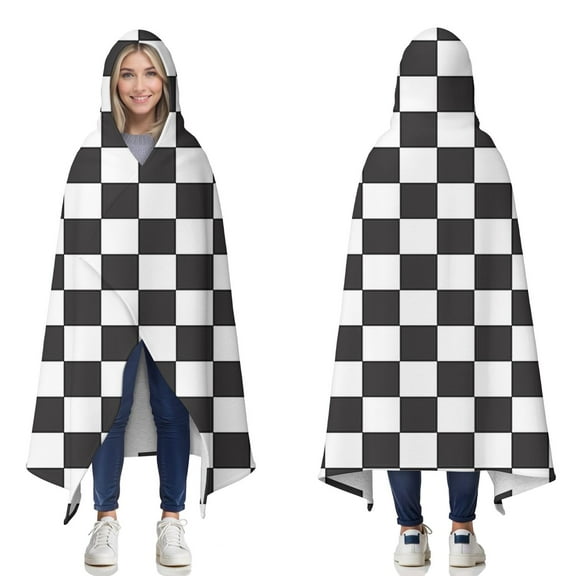 Wearable Blanket,Black and White Checkered Pattern Hooded Wearable Sherpa Blanket for Adults & Teens,Winter Poncho Shawl Wrap Cape Thick Warm,50"x60"