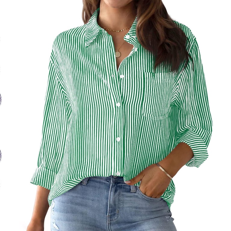 Mohiass Striped Button Down Shirt Women Classic Long Sleeve Collared Office  Work Blouses Tops with Pocket Mint Green XL - Walmart.com