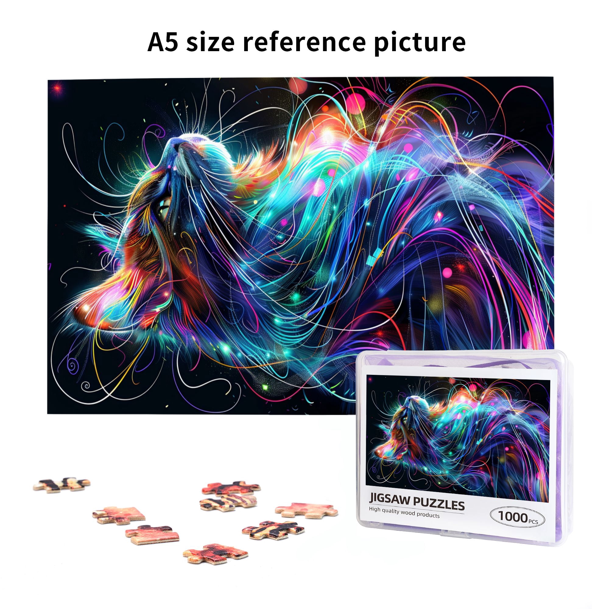 1000 PCS Modern Style Colorful Cat - 1000 Piece Animal Wooden Jigsaw Puzzles,Unique And Beautiful Design,Depicting A Colorful Cat With Vibrant Artistic Illustrations As Its Characteristic Feature