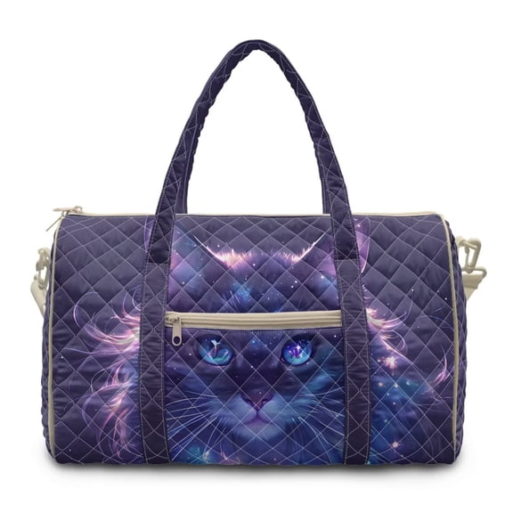 Garronmavis Purple Galaxy Cat Print Large Quilted Duffle Bag for Women, Weekender Travel Carry On Tote with Luggage Sleeve, Gym Dance Overnight Shoulder Bag