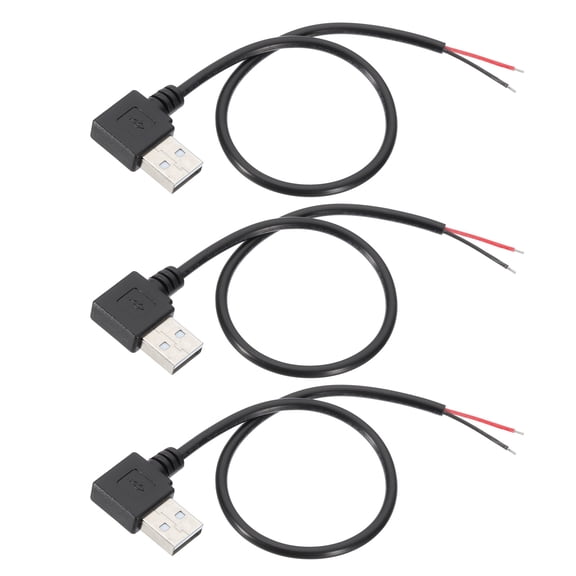 Uxcell 1Ft USB 2.0 Male to 2 Pin Bare Wire Pigtail Cable, 3pcs 22AWG Power Cords Right Angle, Black