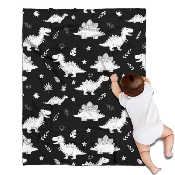 Black Dinosaurs Leaves Stars Pattern Blanket,Comfortable Soft Flannel Throw Blanket,All Season,Warm Lightweight Blankets for Sofa Bed Couch Living Room Chair,30"x40"