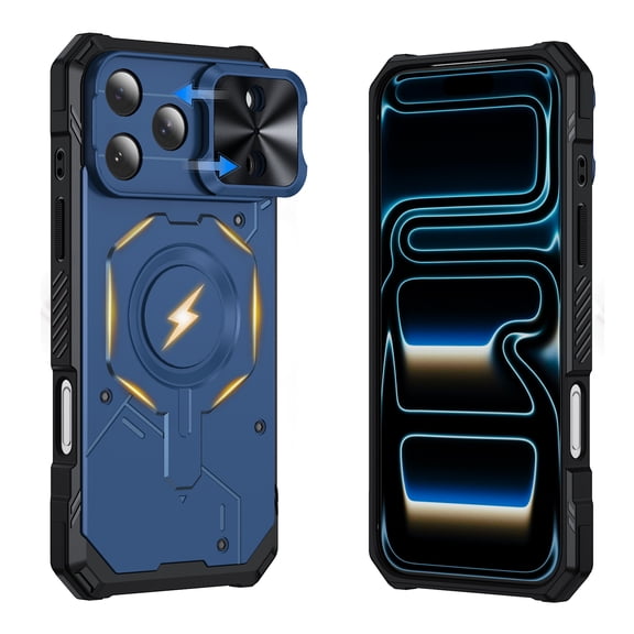 Mynvo Magnetic Case for iPhone 17 Pro, with Slide Camera Lens Cover, Compatible with MagSafe, Heavy-Duty Protection Rugged Shockproof Bumper Case Anti-slip Protective Phone Cover, Blue