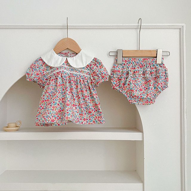 Conjuntos de ropa de verano para bebé de 0 a 2 años, Top coreano con estampado Floral y bombachos, traje infantil de 2 uds., traje con cuello Peter Pan para niño pequeño