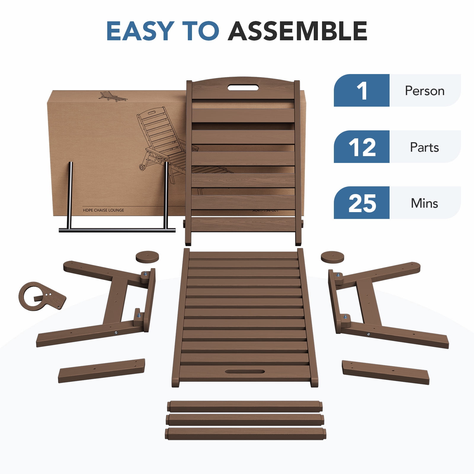 LOYALICE Adjustable Wheeled HDPE Plastic Outdoor Patio Lounge Chair W/ Cup Holder,78.3"x25.1"x16.3", Brown
