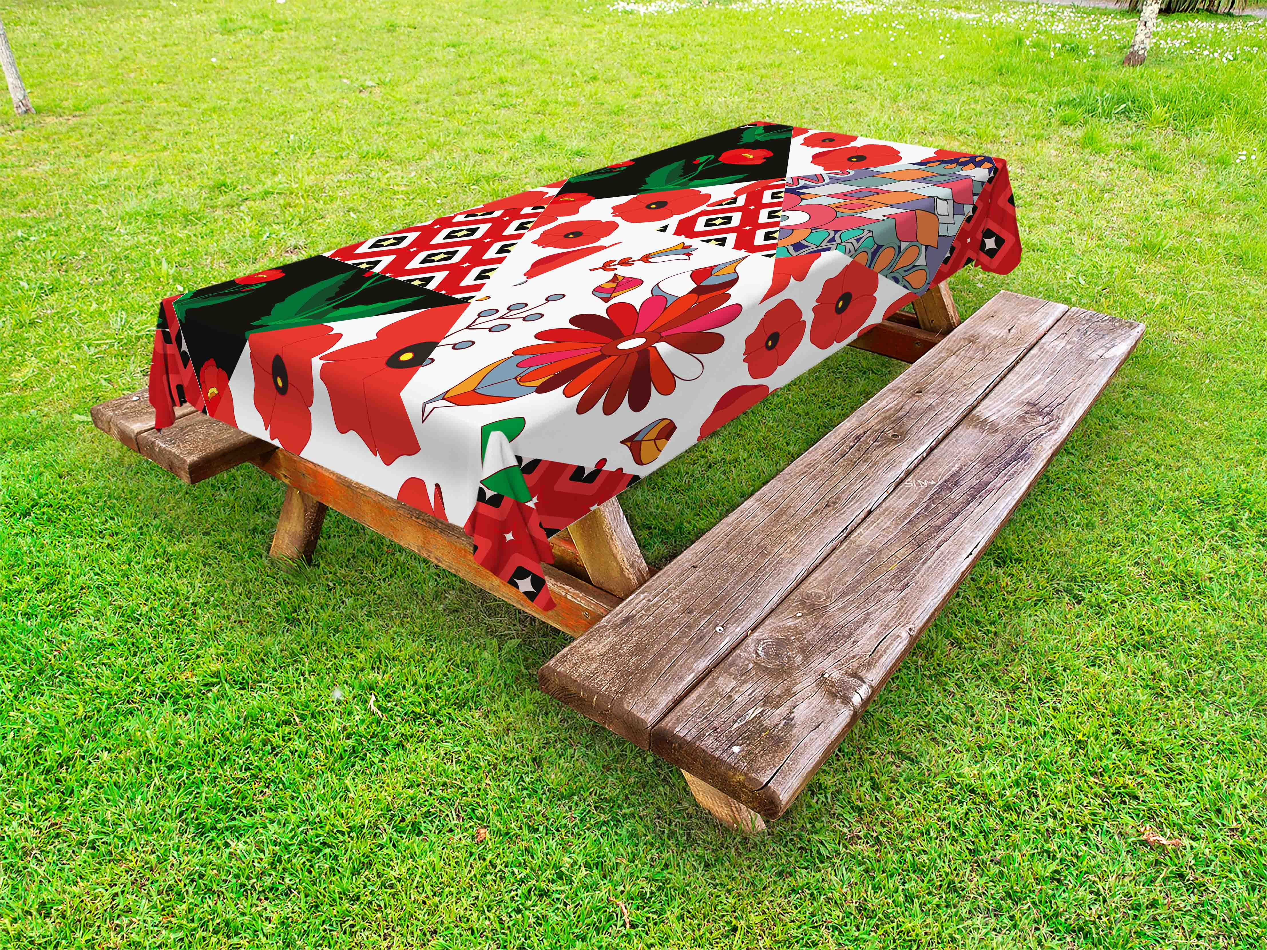 Retro Outdoor Tablecloth, Patchwork Inspired Pattern with Poppy Flowers Russian Slavic Cultural