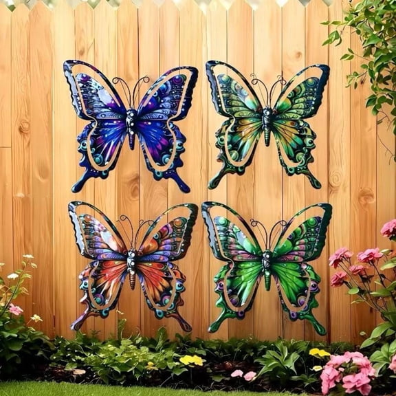 4Pcs Anmrize Butterfly Fence Decor for Garden, Metal Butterfly Wall Decor- Butterfly Hanging Wall Decor Outdoor Fence Wall Art Decor for Indoor Or Outdoor, Yard Patio Fence Garden Decorations, E