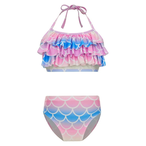 Alvivi Girls Two Piece Swimsuit Halter Crop Tank Top with Bottoms Summer Seaside Swimwear Pink&Blue 10-12