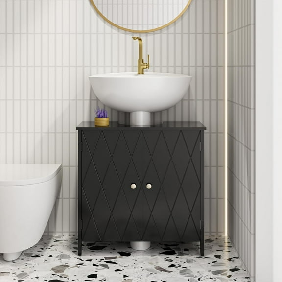 eclife Bathroom Pedestal Sink Storage Cabinet with Modern Linear Design, Small Under Sink Bathroom Vanity with U-Shape Cut-Out, Space Saver, Black