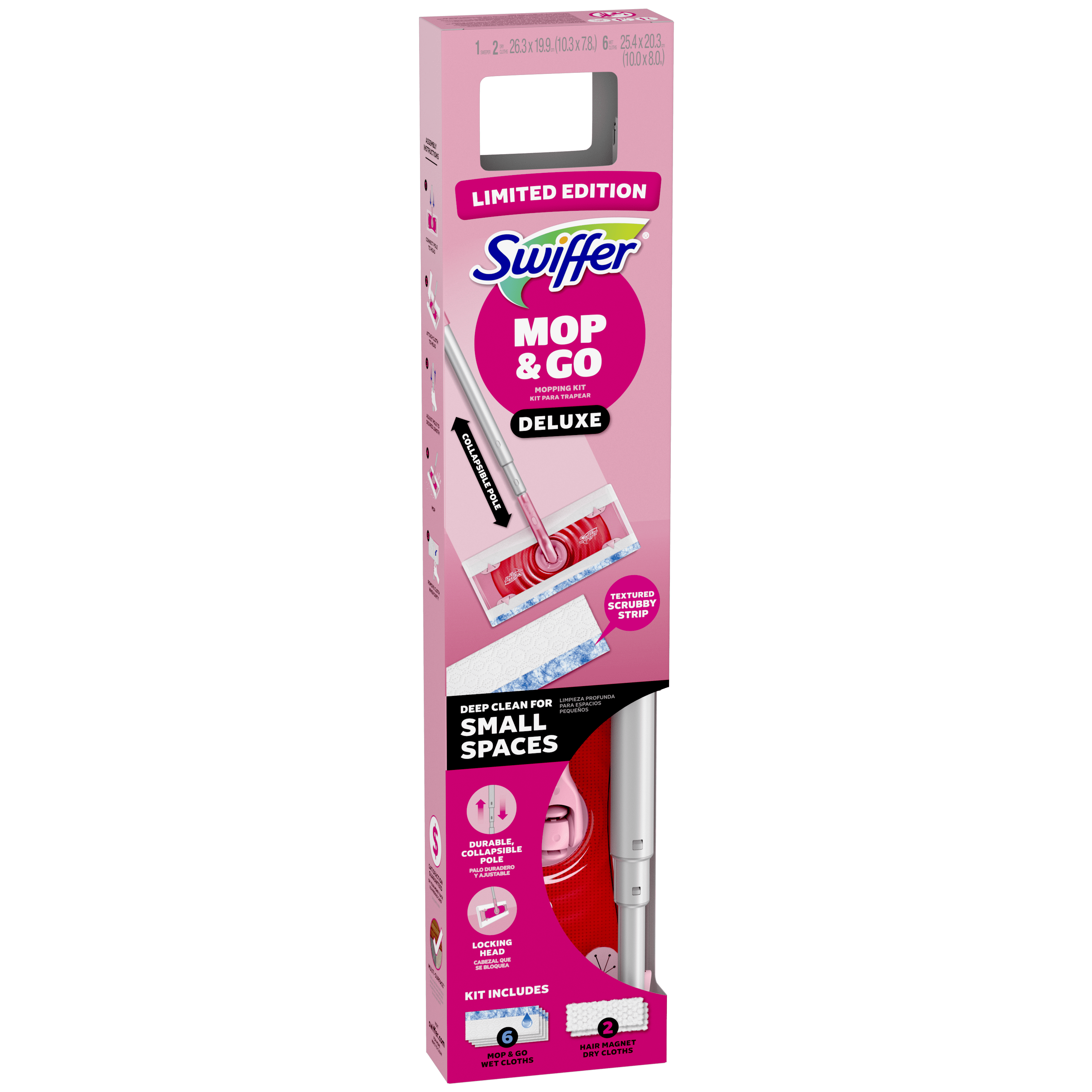 (6 pack) Swiffer Pink Limited Edition Mop & Go Deluxe, 2-in-1 Floor Mopping and Sweeping Kit, 1 Device, 6 Mop Refills, 2 Sweep Refills