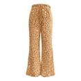 thumbnail image 3 of Women Sparkly Sequin Wide Leg Pants Shiny Elastic Drawstring Palazzo Pant Color Khaki Size L, 3 of 5