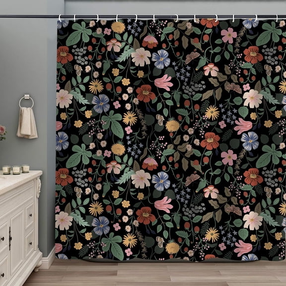 Vitange Boho Black Floral Shower Curtain, Botanical Country Wlidflowers Cute Leaves Flowers Bathroom Curtain, 60x72in Polyester Fabric Waterproof Bath Curtain with 12 Hooks