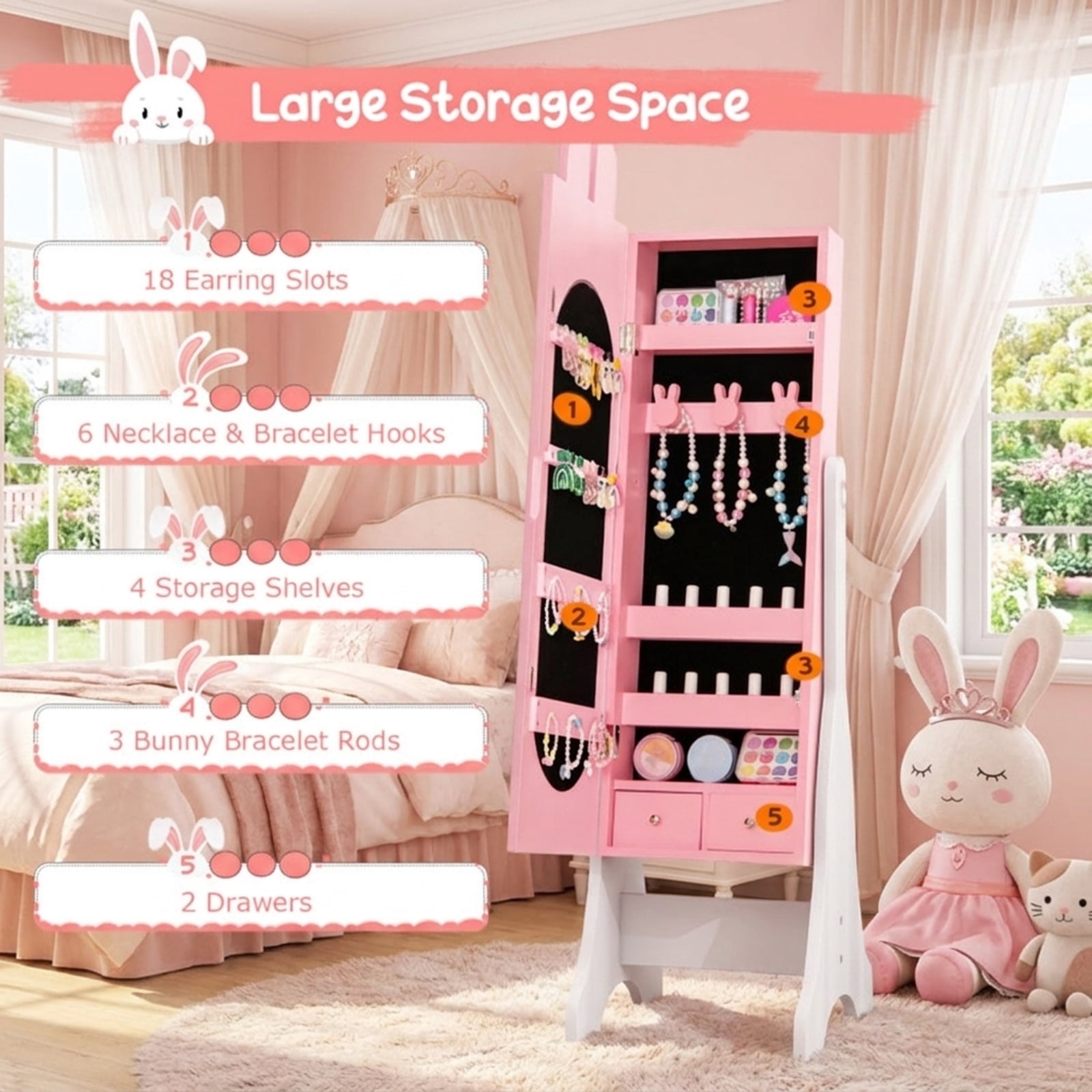 Furnibear Kids Room Furniture Set with Princess Vanity Table and Chair and Jewelry Armoire Mirror for Girls Bedroom, Pink