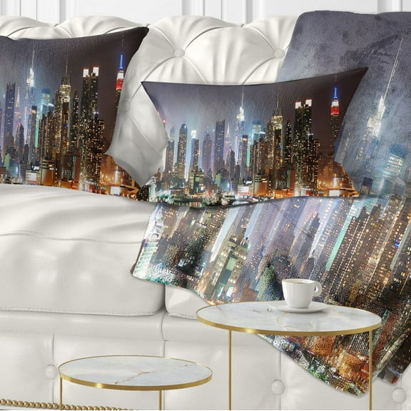 Designart Lit NYC Manhattan Skyline - Cityscape Photo Throw Pillow - 12x20