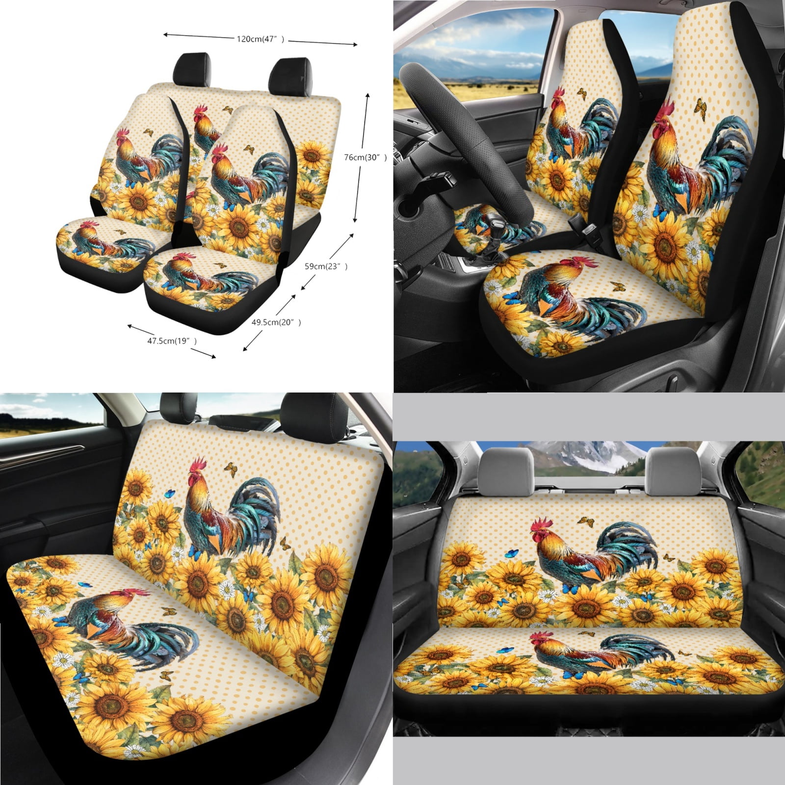Yuyamidu 14 PCS Chicken Car Seat Cover Set Sunflower Auto Steering Wheel Cover Seat Belt Pad Cup Holder Trash Bag Gear Shift Knob Cover Set Rear View Mirror Cover Auto Armrest Cover