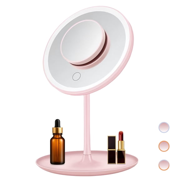 LED Lighted Makeup Mirror with Stand, Rechargeable Vanity Mirror with Touch Control, 360° Ring Light Cosmetic Mirror with Storage Base for Dressing Table,Pink