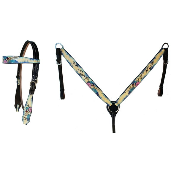 Horse Floral Basket Weave Tooled Browband Bridle & Breast Collar Set 78FK32B