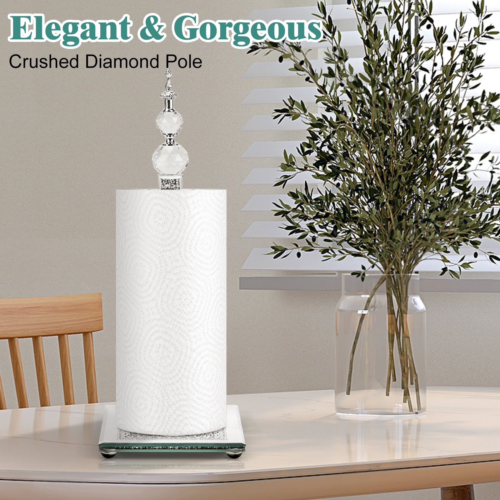 Glass Paper Towel Holder, Countertop Roll Paper Towel Holder, Square Base Crystal Shattered Diamonds Freestanding Paper Towel Holder, Crystal Shattered Diamonds Home Decor for Bathroom, Kitchen and H