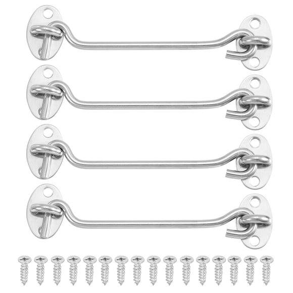 4Pcs 6" Hook and Eyes Catch Door Latch Locks, Stainless Steel Cabin Hooks Silver