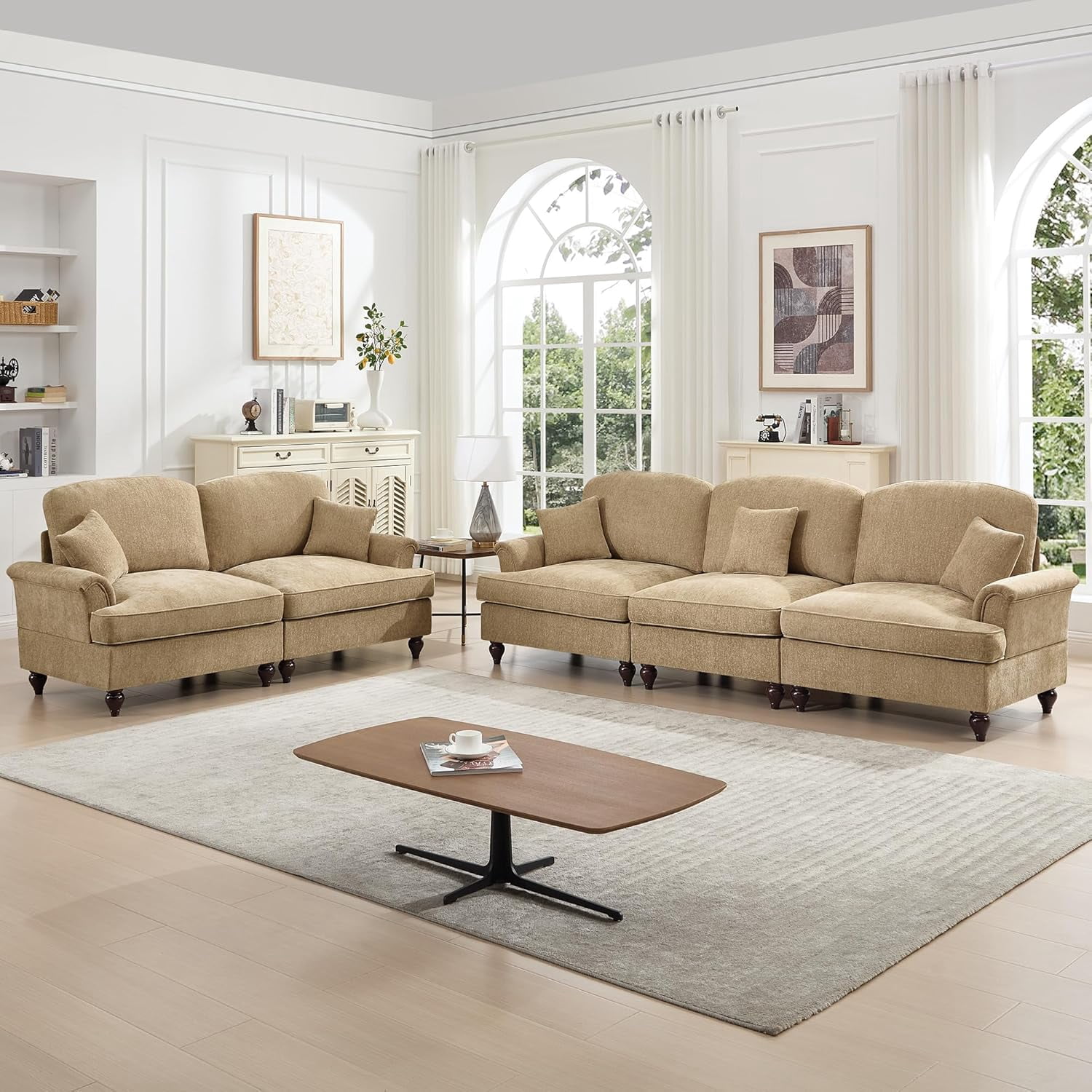 Modular Sectional Sofa, 3 Seat Sofa and 2 Seat Loveseat Sofa Sets with Removable Ruffles Pleats Skirts, Deep Seat Sofa for Living Room, Light Coffee