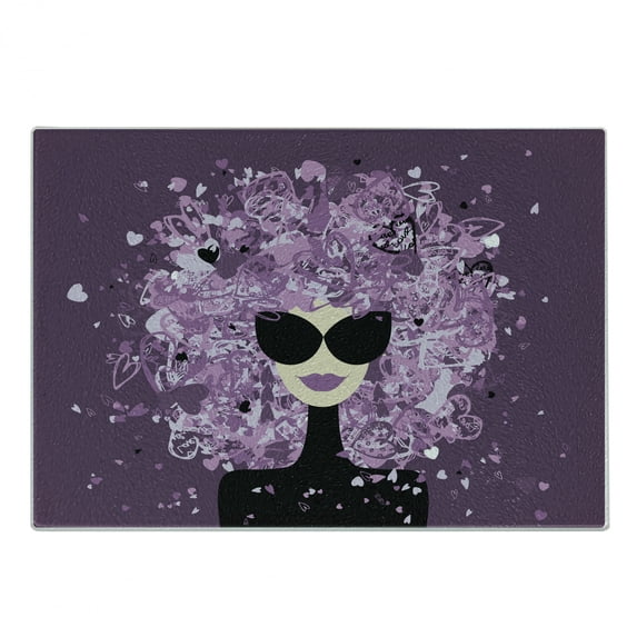 Fashion Cutting Board, Fashion Woman Portrait Messy Hair with Hearts Falling, Decorative Tempered Glass Cutting and Serving Board, Small Size, Eggplant Black and Lilac, by Ambesonne