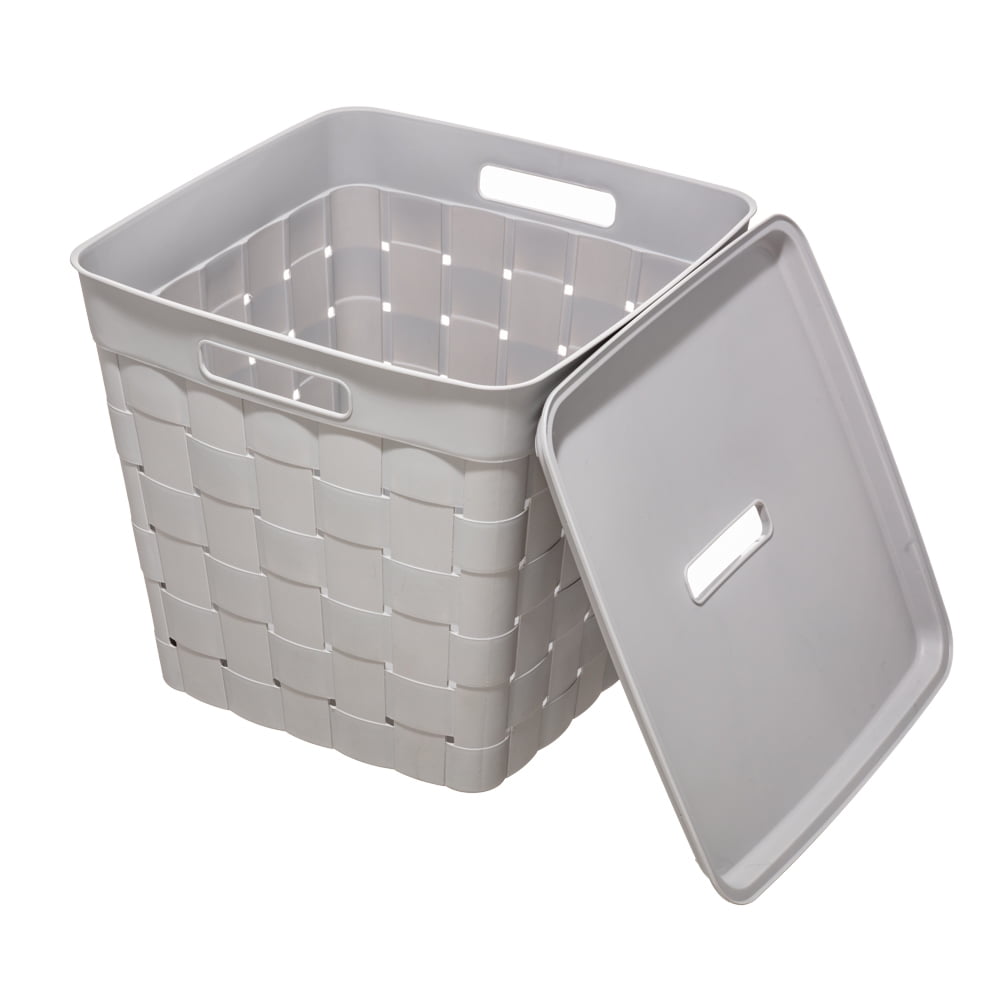 Your Zone Child and Teen Plastic Wide Weave Gray Stacking Storage Bin with Lid, 4 Pack