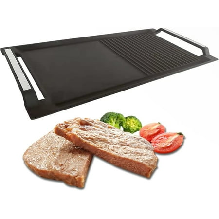

WUGUFD Griddle Pan Cast Iron Grill Hot Plate Rectangular Grill 2 handles with Flat and Ridged Surface for Induction Electric Cooktop，16.7 x 9.1inch