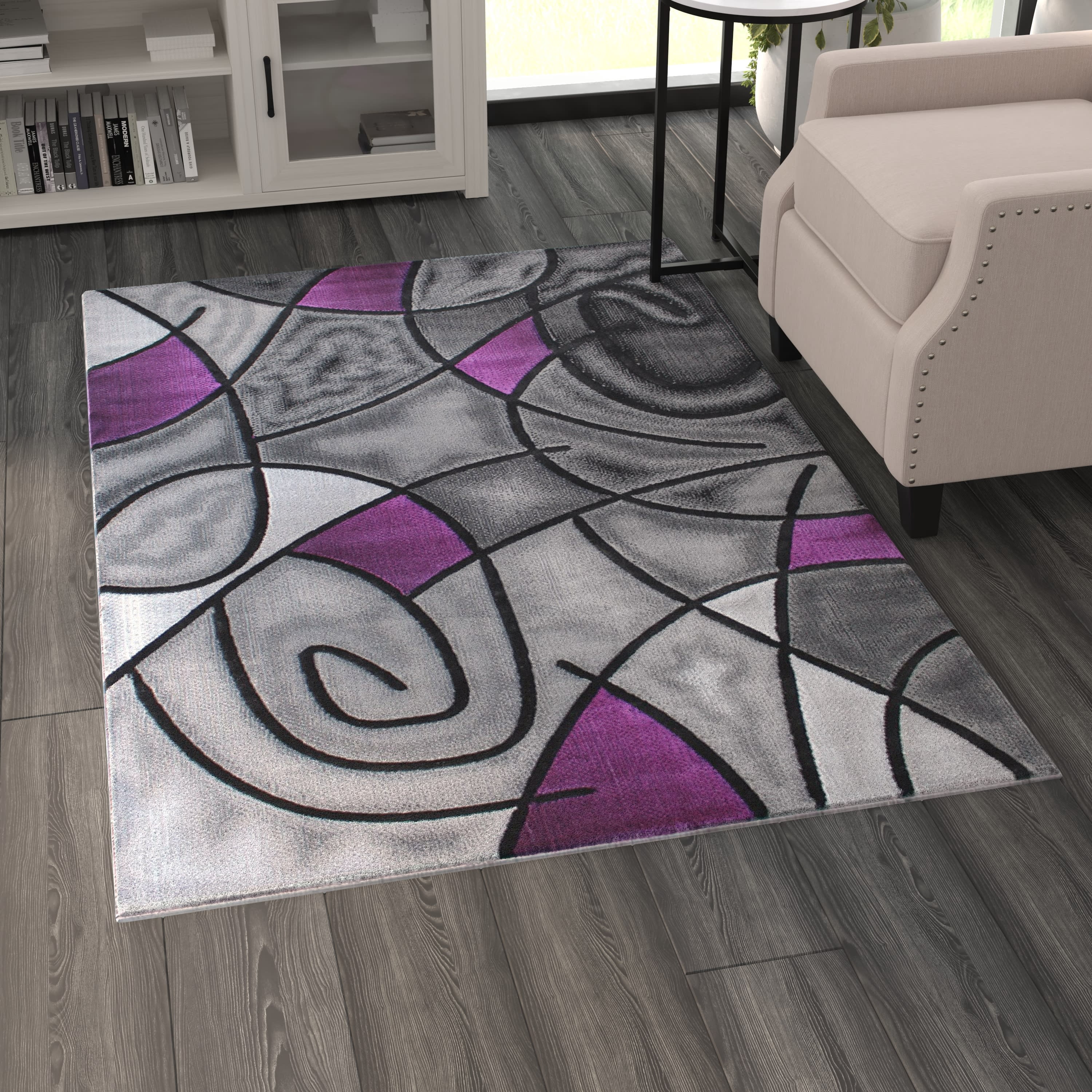 BizChair Modern Contemporary Area Rug, Purple Grey Black (3 Feet 10 Inch X 5 Feet)