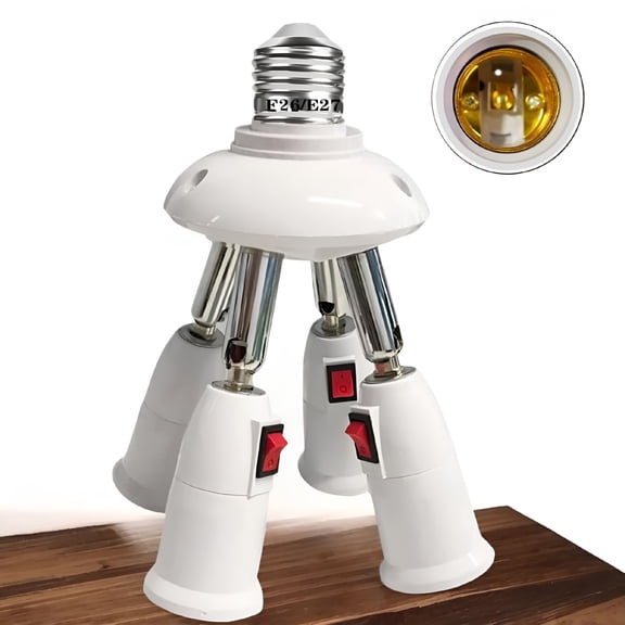 HIBIBUD 4-in-1 Light Socket Extender,E26/E27 to 4 Bulb Adapter with Adjustable Arms,360° Rotatable for Ceiling Fan/Lamp Holder,Extension Splitter with Power Switch (White)