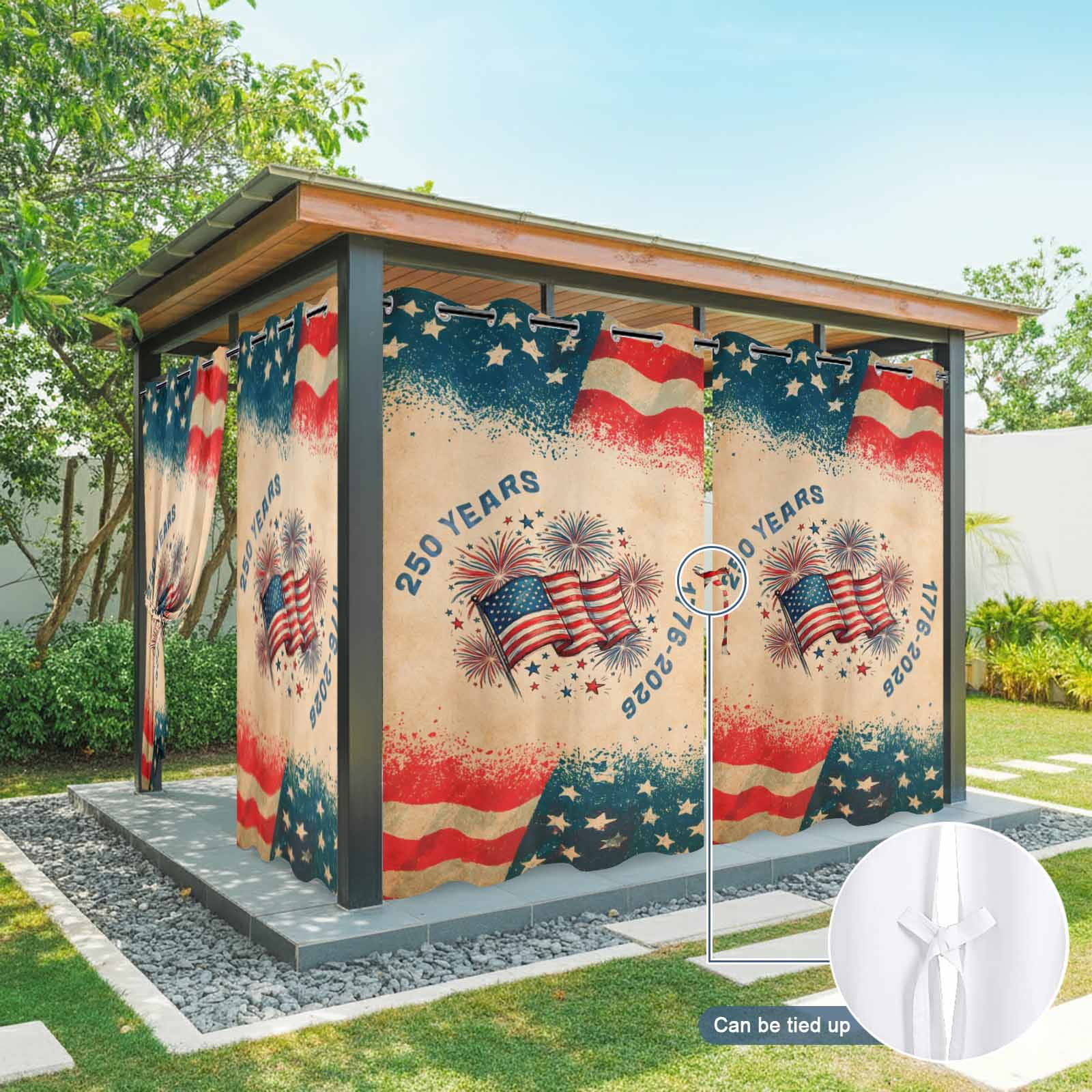 250th Anniversary Outdoor Curtains for Patio, Independence Day Firework American Flag Retro Sunshade Privacy Drapes Grommet Waterproof Outside Curtains for Porch/Cabana/Balcony 54"x 108", 1 Panel
