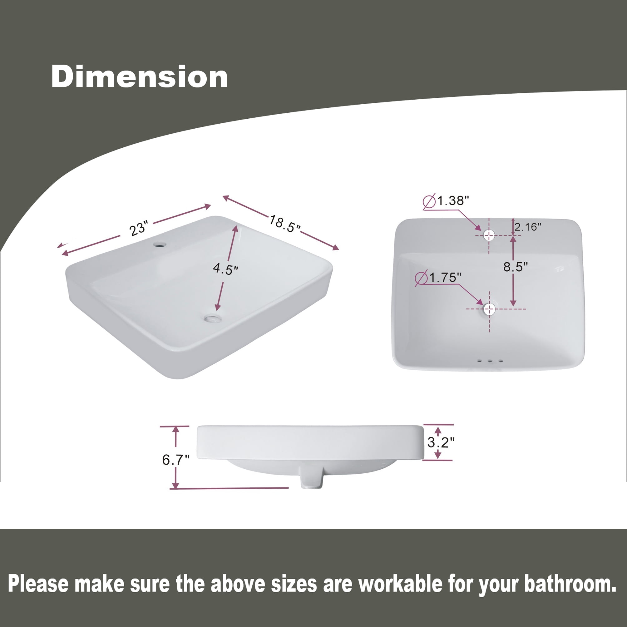 WinZo WZ6123 Drop-in Bathroom Sink, 23" Rectangle Semi-recessed Ceramic Vanity Vessel Basin White
