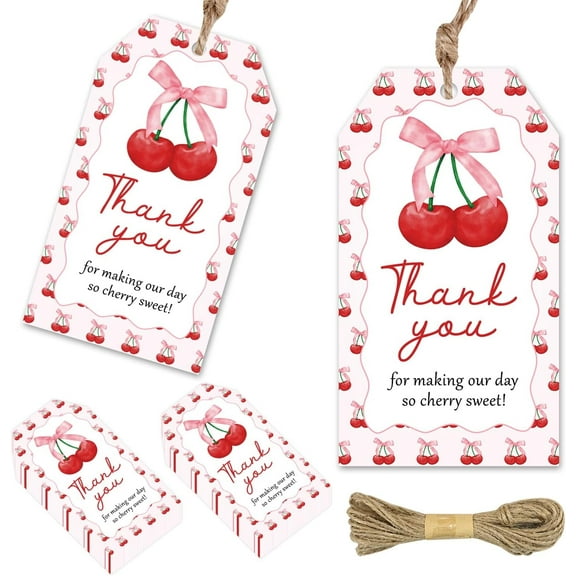 50Pcs Cherry Thank You Tags Coquette Cherry Theme Party Favor Tags Cherry Fruit for Making Our Day so Cherry Sweet Gift Tags with String for Birthday Party Baby Shower Bachelorette Party