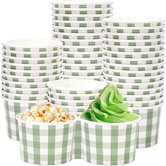 Whaline 50Pcs Disposable Paper Cups Sage Green Plaid Treat Snack Bowls 6.5oz Paper Cups Ice Cream Bowl for Wedding Birthday Bride Shower Party Supplies Table Decorations