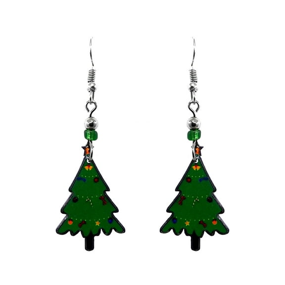 Christmas Tree Xmas Themed Graphic Dangle Earrings - Womens Fashion Handmade Jewelry Holiday Accessories