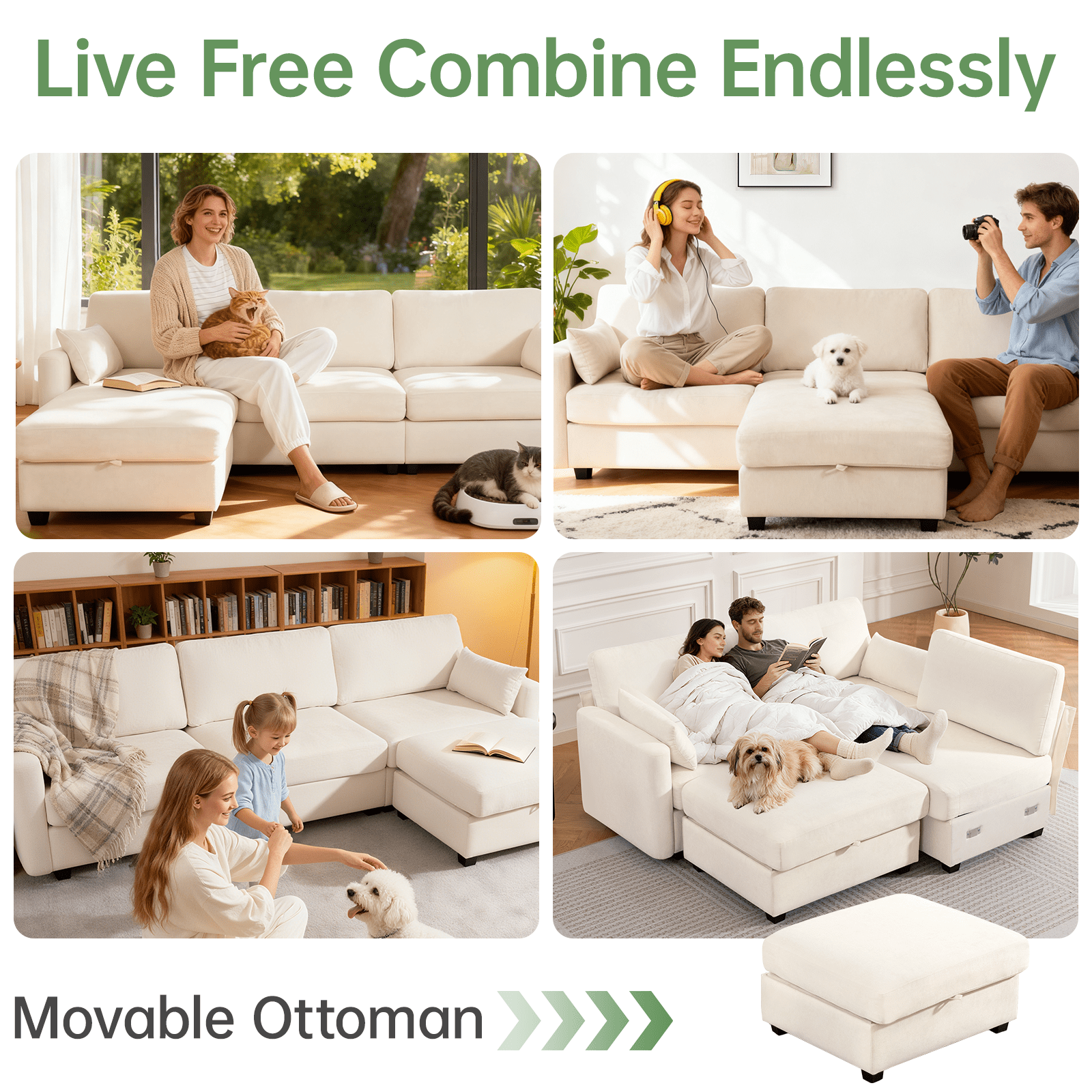109" Modular Sectional Sofa Sleeper Bed with Storage Ottoman, Oversized Deep Seat Cloud Couch with Movable Ottomans, Convertible 4-Seat L-Shaped Sofa for Living Room or Apartment (Low Legs 1.97")