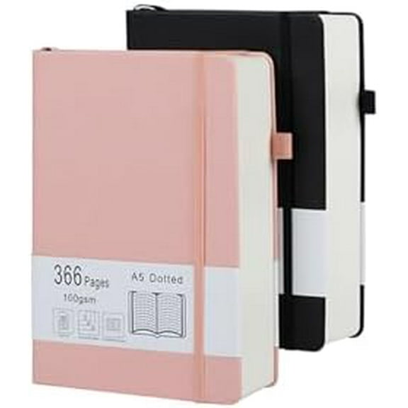 Thick Bullet Dotted Journal 2 Pack with 366 Numbered Pages, A5 Journal with 100GSM Dot Grid Paper, Hardcover Leather Notebooks for Women Men School Note Taking Office Work Diary, 5.7"x8.3" Black Pink