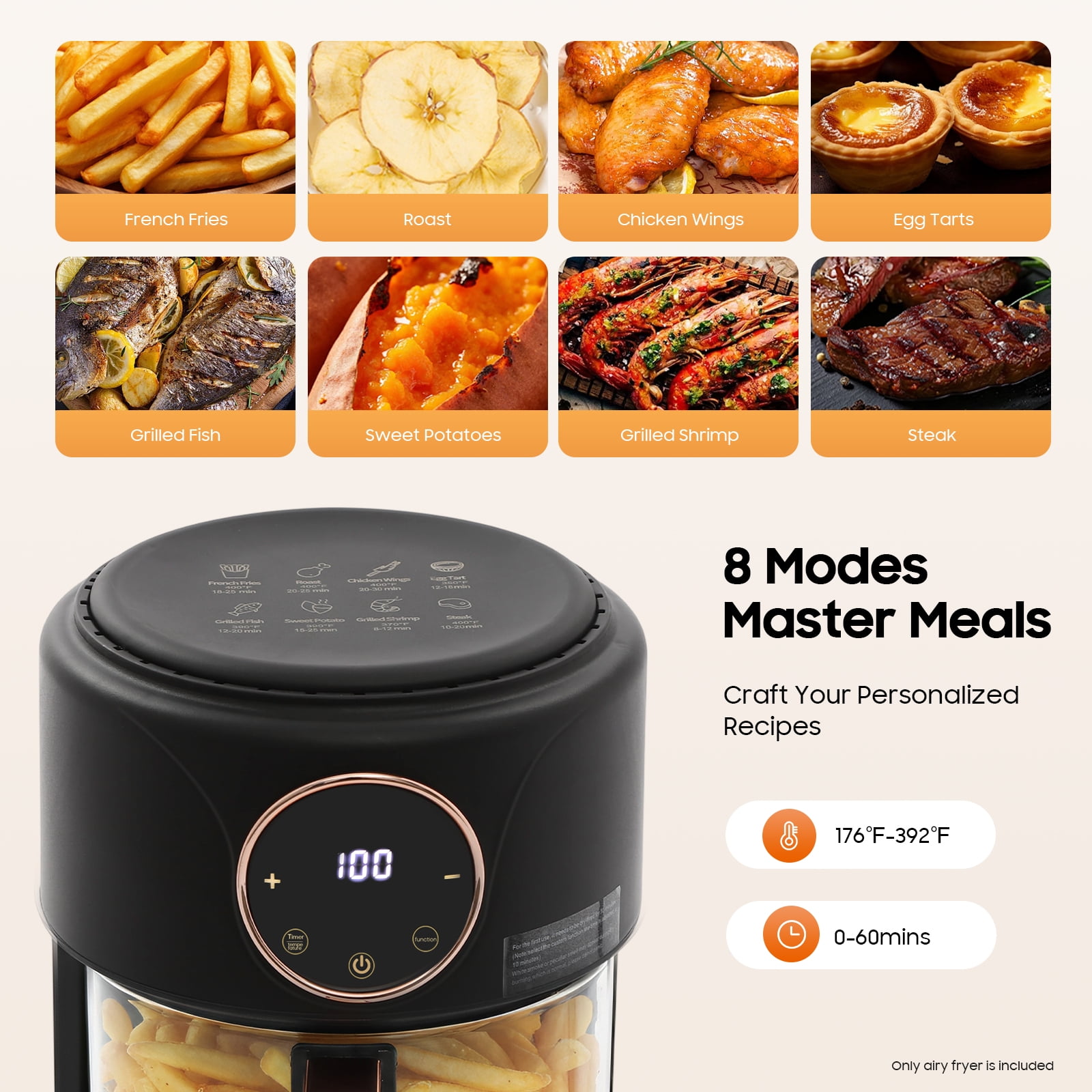 4.2L Airy Fryer Glass Air Fryer 110V Modern 360° Viewable Airy Fryer 1200W Black for Home Kitchens, Restaurants, Family Gatherings