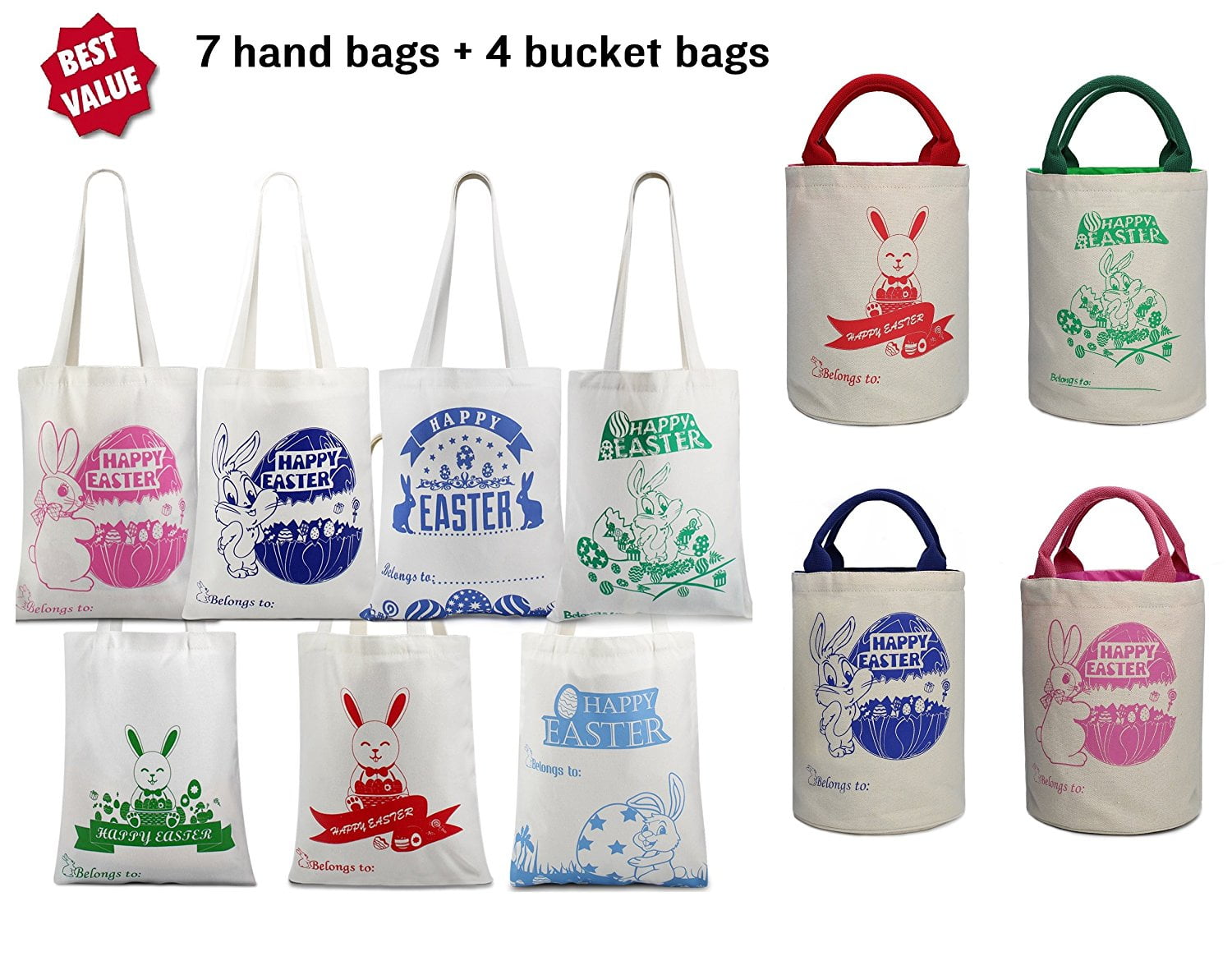 [11 Pack Combo]Easter Bag Bunny Canvas Bag Easter Egg Hunt Design Bag