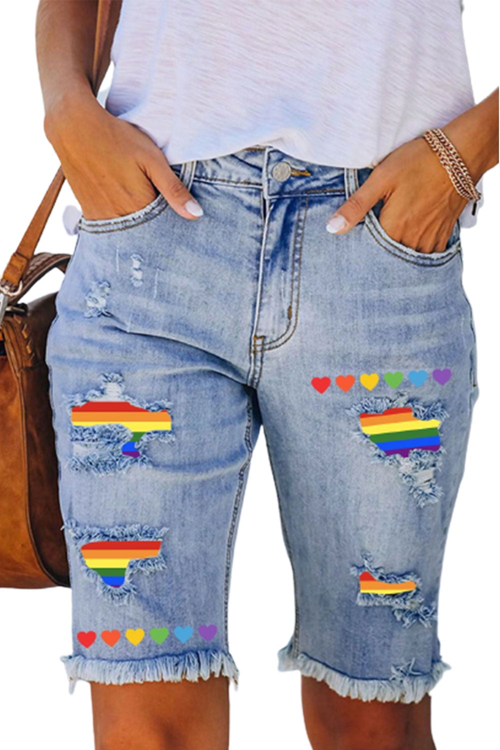 THUNDER STAR Women's Ripped Denim Bermuda Shorts - Knee Length Distressed Stretch Jeans Shorts | Mid-Rise, 4 Pockets