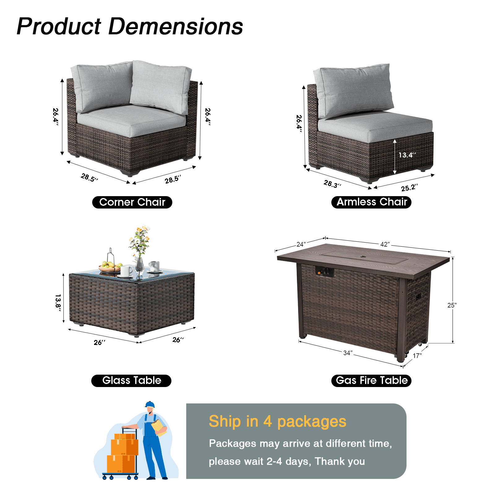 Gaildon 8 Piece Patio Furniture Set with Fire Pit Table, All Weather Outdoor Sectional PE Rattan, Patio Conversation Sets with Cushions for Garden Lawn Balcony Porch Deck, Grey
