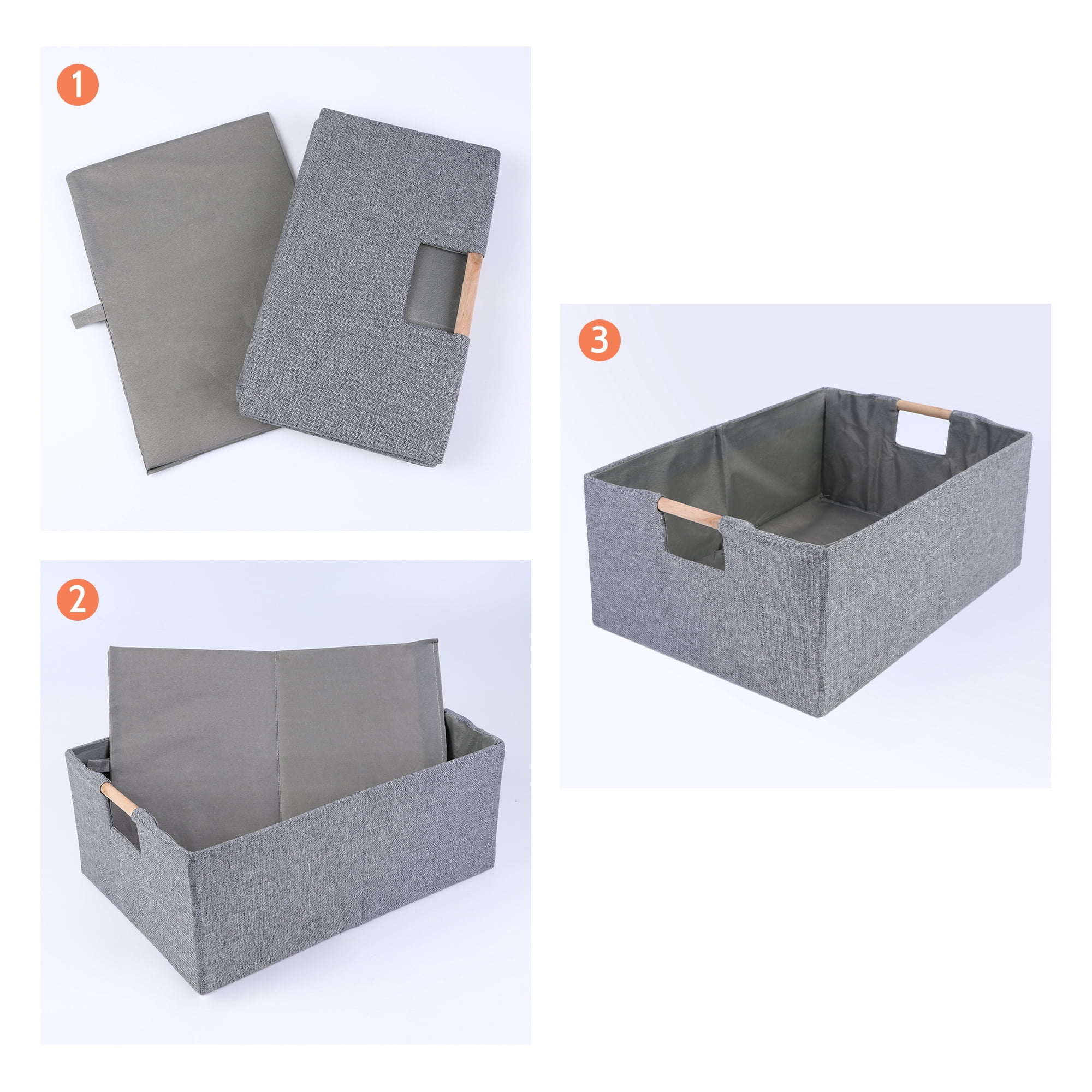 Unique Bargains Foldable Storage Basket with Wood Handles Gray 13.4*9.1*5.9