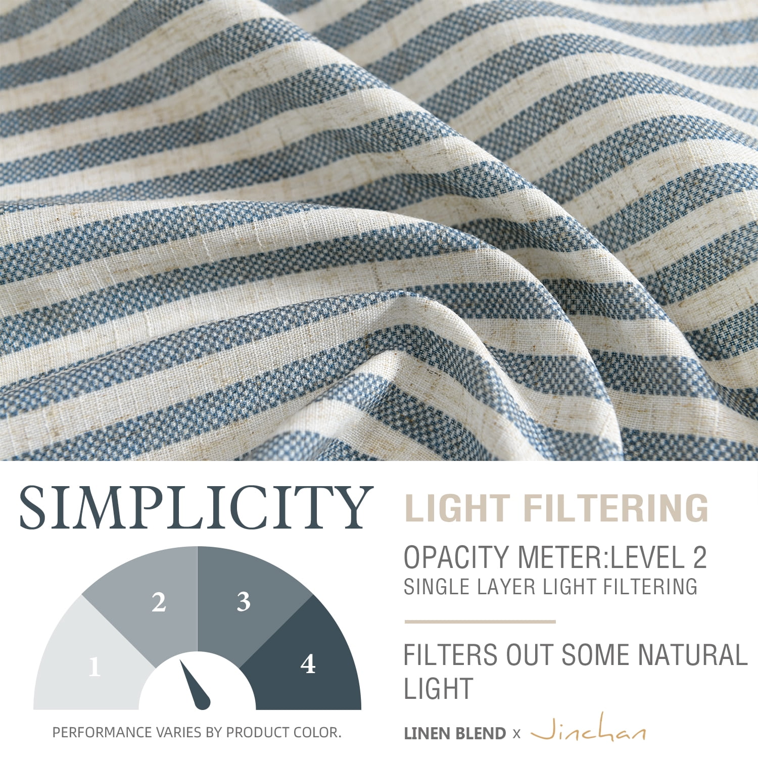 Curtainking Linen Striped Curtains 84 inch Farmhouse Light Filtering Drapes for Living Room Bedroom Grommet Top 2 Panels Blue