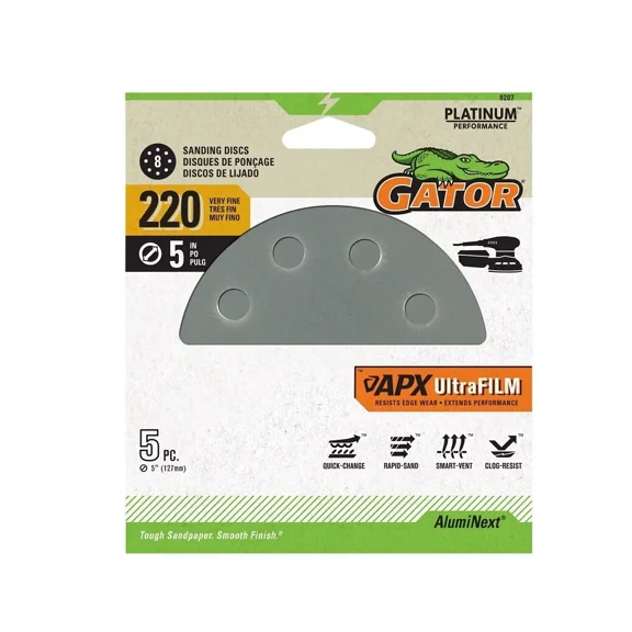 Gator 9207 Hook And Loop Sanding Discs, 8-Hole, 220 Grit, 5 Inches