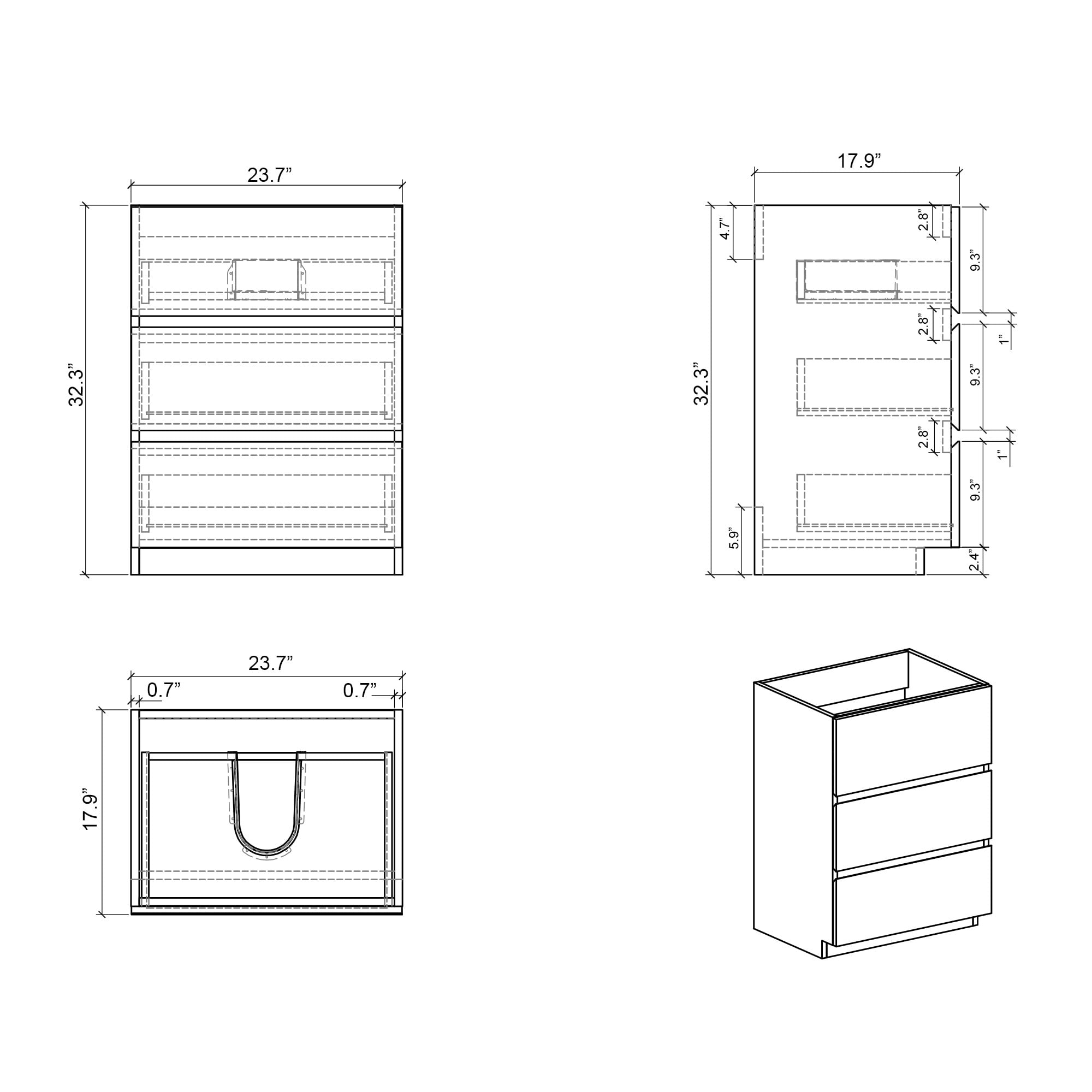 CITTANEO 24 Inch Bathroom Vanity with Black Sink, Modern Bathroom Cabine in Walnut
