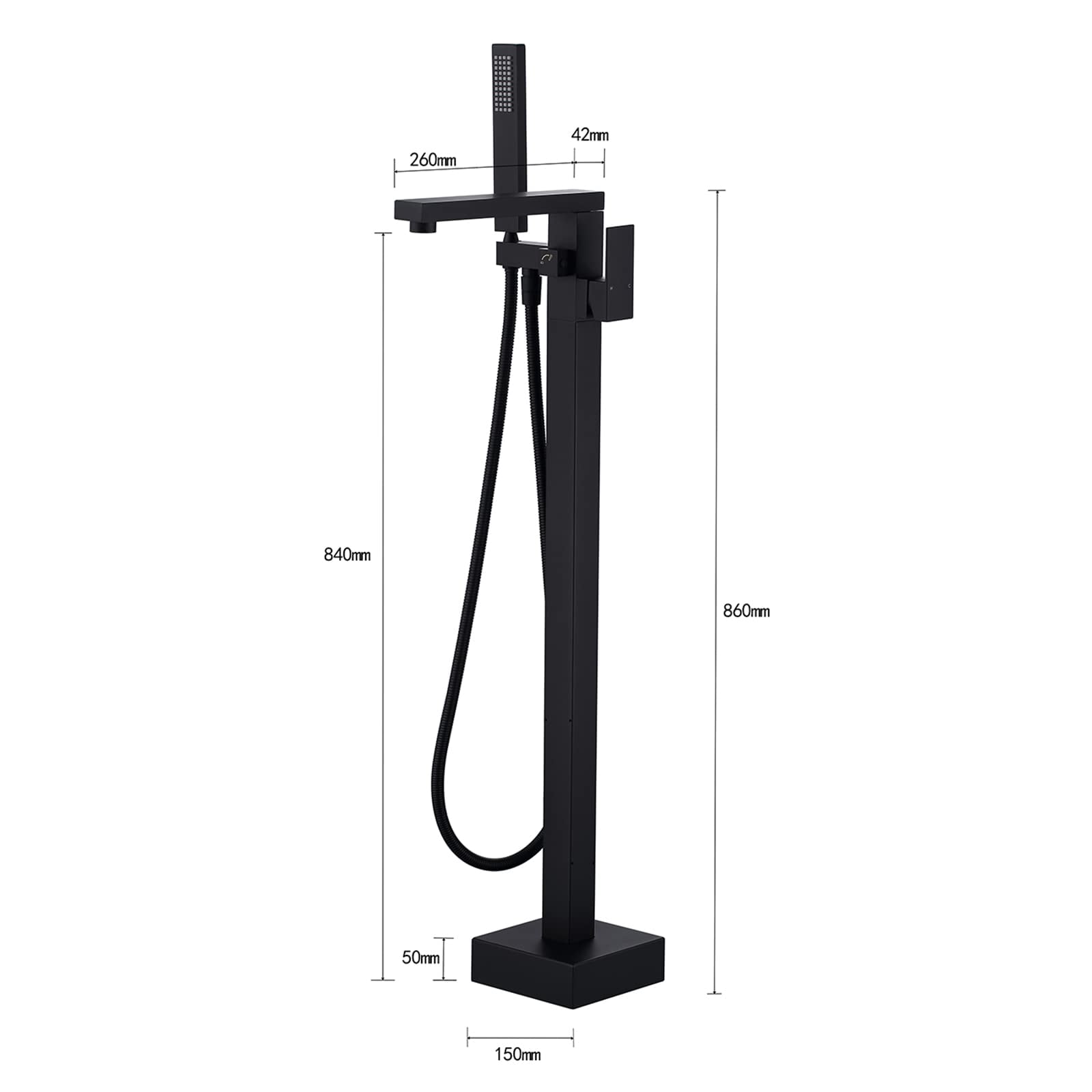 Dawot Floor Mount Bathtub Faucet, 2 Function Brass Matte Black Bathroom Freestanding Tub Filler Single Handle with Hand Shower
